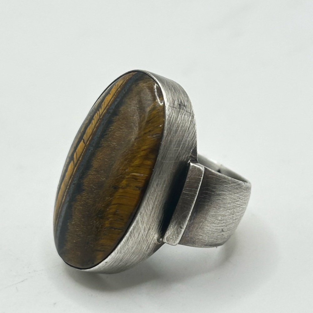 Tigers Eye Statement Ring, Sterling Silver - Size… - image 2